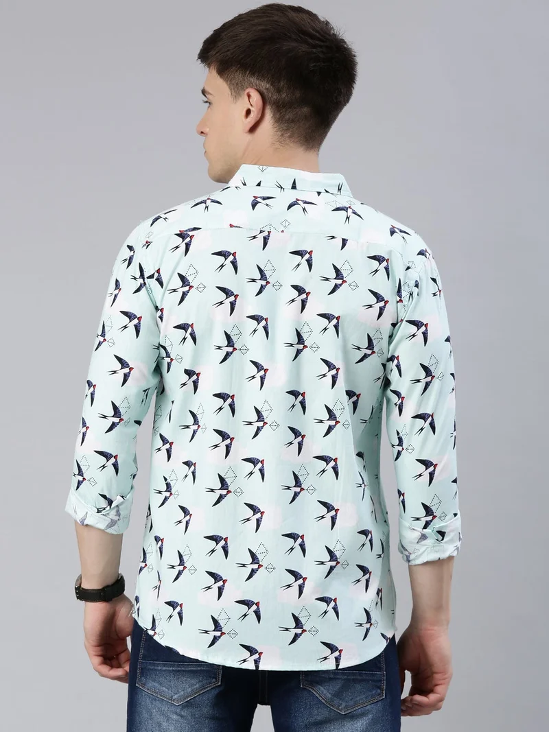 جوفن قميص قطني مطبوع أزرق فاتح للرجال