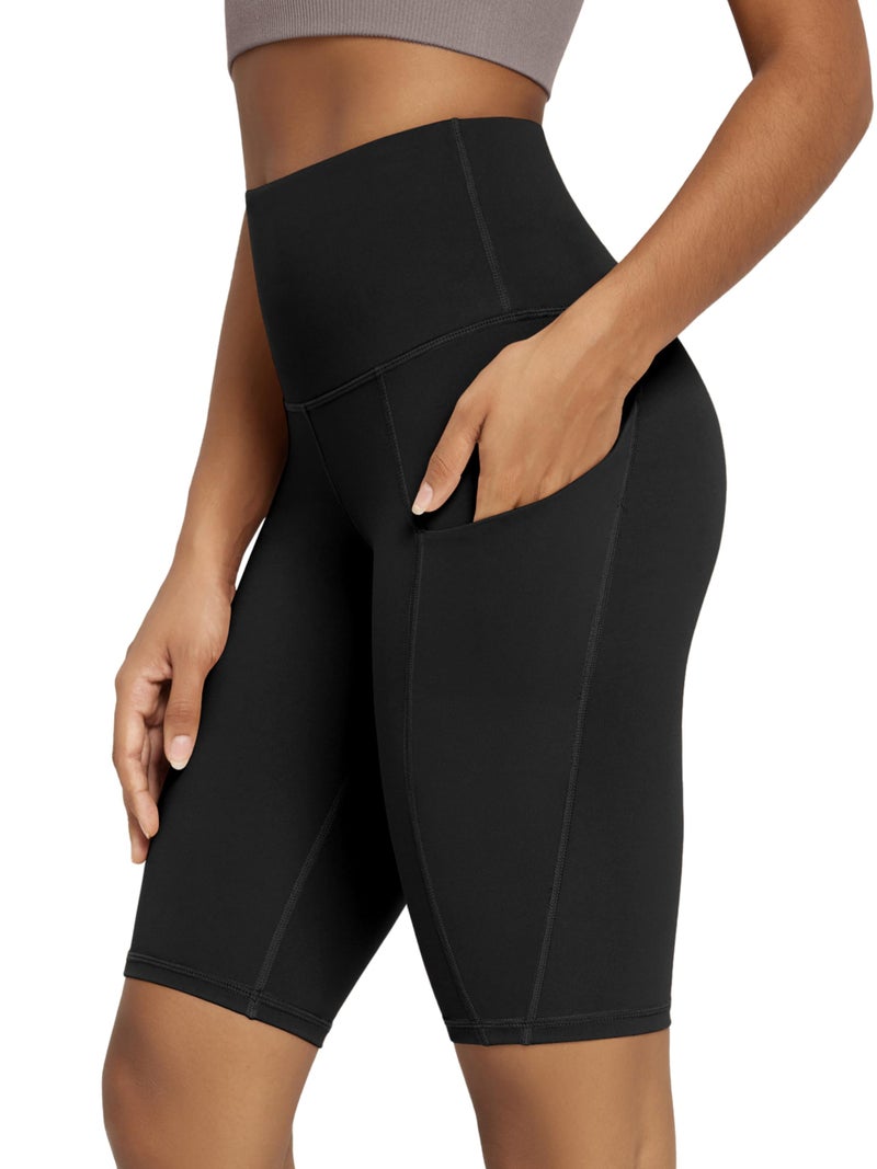 ODODOS 10" Tummy Control Biker Shorts for Women with Pockets High Waist Athletic Workout Yoga Shorts, Black, Large - Image 1