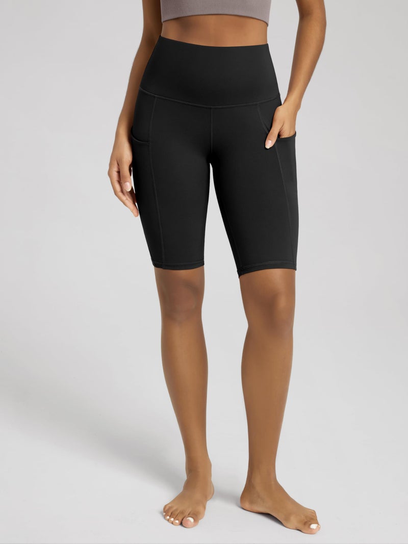 ODODOS 10" Tummy Control Biker Shorts for Women with Pockets High Waist Athletic Workout Yoga Shorts, Black, Large - Image 2