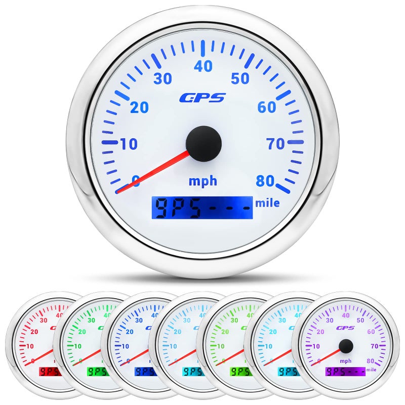 ARTILAURA GPS Speedometer Boat 85mm 3-3/8" 7 Color 80MPH Gauge Waterproof 9-32V for Marine AUTO Car Motorcycle Truck (White) - Image 1
