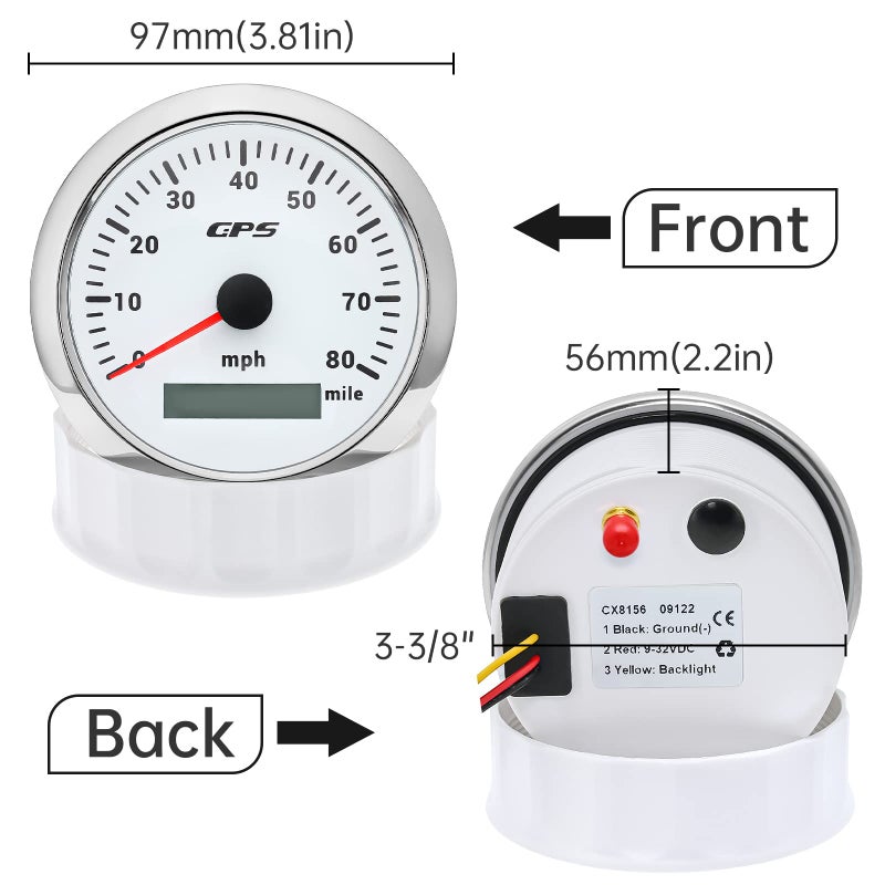 ARTILAURA GPS Speedometer Boat 85mm 3-3/8" 7 Color 80MPH Gauge Waterproof 9-32V for Marine AUTO Car Motorcycle Truck (White) - Image 2
