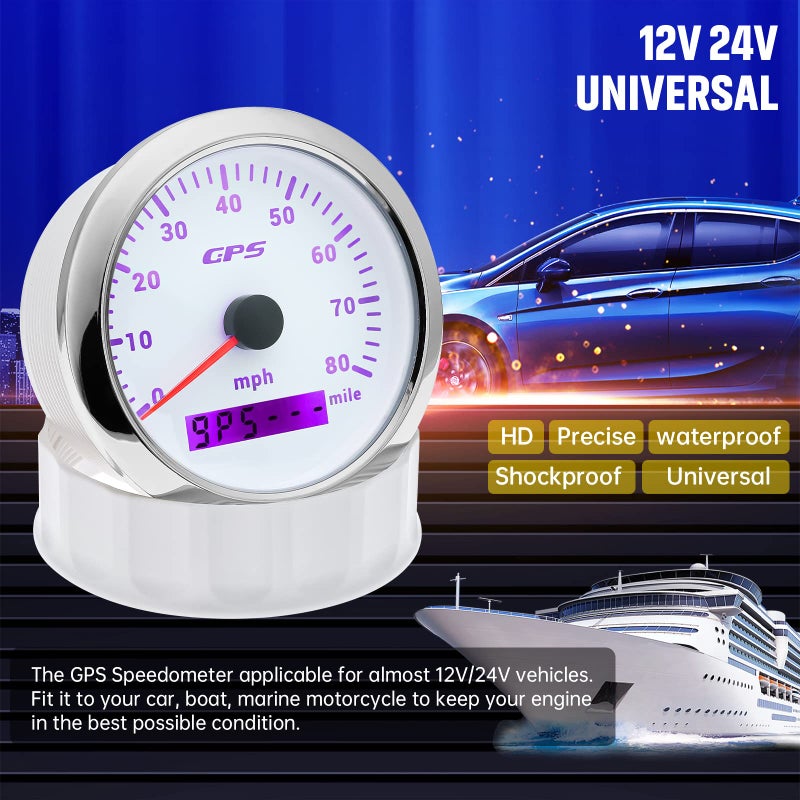 ARTILAURA GPS Speedometer Boat 85mm 3-3/8" 7 Color 80MPH Gauge Waterproof 9-32V for Marine AUTO Car Motorcycle Truck (White) - Image 3