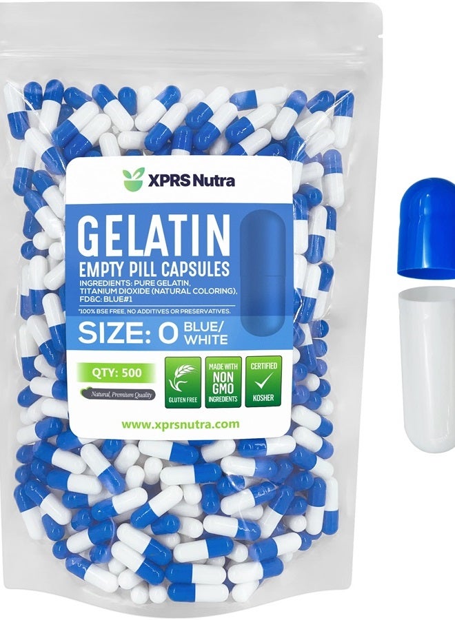 XPRS Nutra Size 0 Empty Capsules - 500 Count Empty Gelatin Capsules - Empty Pill Capsules - DIY Capsule Filling - Pure Bovine Pill Capsules Empty Gel Caps (Blue/White) - Image 1