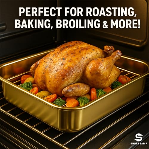 SHREESAMP Golden Rectangular Bakeware Set, Easy-clean & Lightweight Baking Dish Net Rack, Multifunctional Baking Trays For Oven Use, Stainless Steel Baking Sheet With Cookies Tray (26.5 x 20.5 x 2 CM) - Image 3