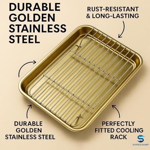 SHREESAMP Golden Rectangular Bakeware Set, Easy-clean & Lightweight Baking Dish Net Rack, Multifunctional Baking Trays For Oven Use, Stainless Steel Baking Sheet With Cookies Tray (26.5 x 20.5 x 2 CM) - Image 2