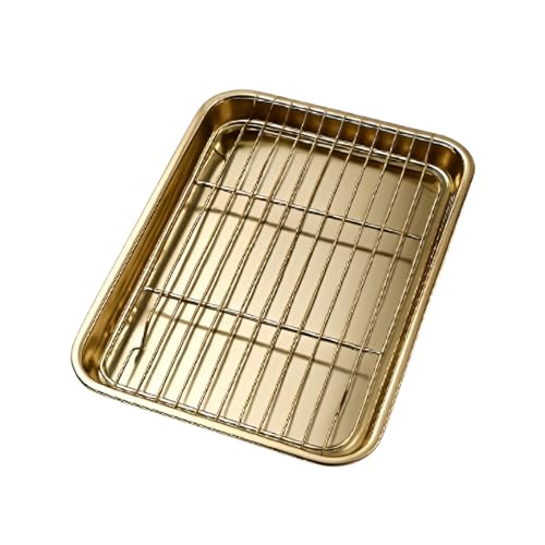 SHREESAMP Golden Rectangular Bakeware Set, Easy-clean & Lightweight Baking Dish Net Rack, Multifunctional Baking Trays For Oven Use, Stainless Steel Baking Sheet With Cookies Tray (26.5 x 20.5 x 2 CM) - Image 1