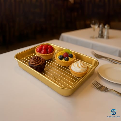 SHREESAMP Golden Rectangular Bakeware Set, Easy-clean & Lightweight Baking Dish Net Rack, Multifunctional Baking Trays For Oven Use, Stainless Steel Baking Sheet With Cookies Tray (26.5 x 20.5 x 2 CM) - Image 4