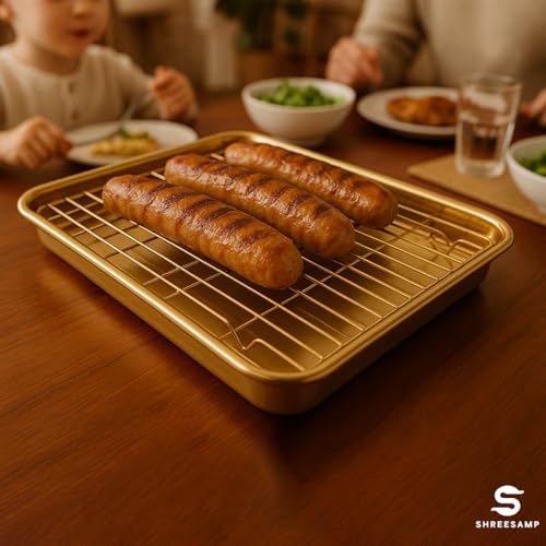 SHREESAMP Golden Rectangular Bakeware Set, Easy-clean & Lightweight Baking Dish Net Rack, Multifunctional Baking Trays For Oven Use, Stainless Steel Baking Sheet With Cookies Tray (26.5 x 20.5 x 2 CM) - Image 5
