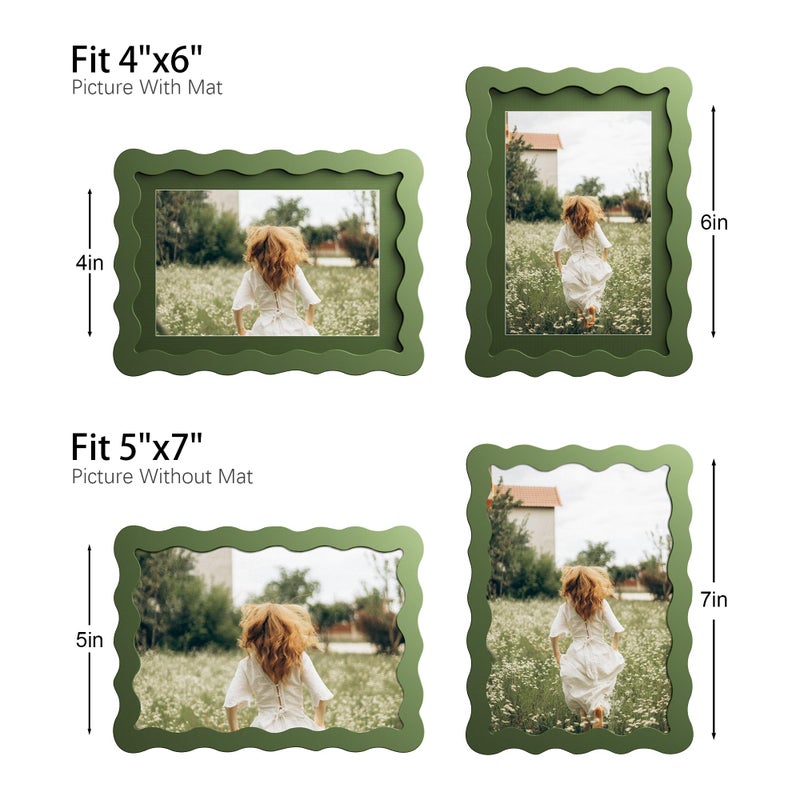 THKRLOF 5x7 Picture Frame with Mat for 4x6, Wavy Edge Wooden Real Glass Photo Frame for Tabletop and Wall Hanging, Green, 1 Pack - Image 4