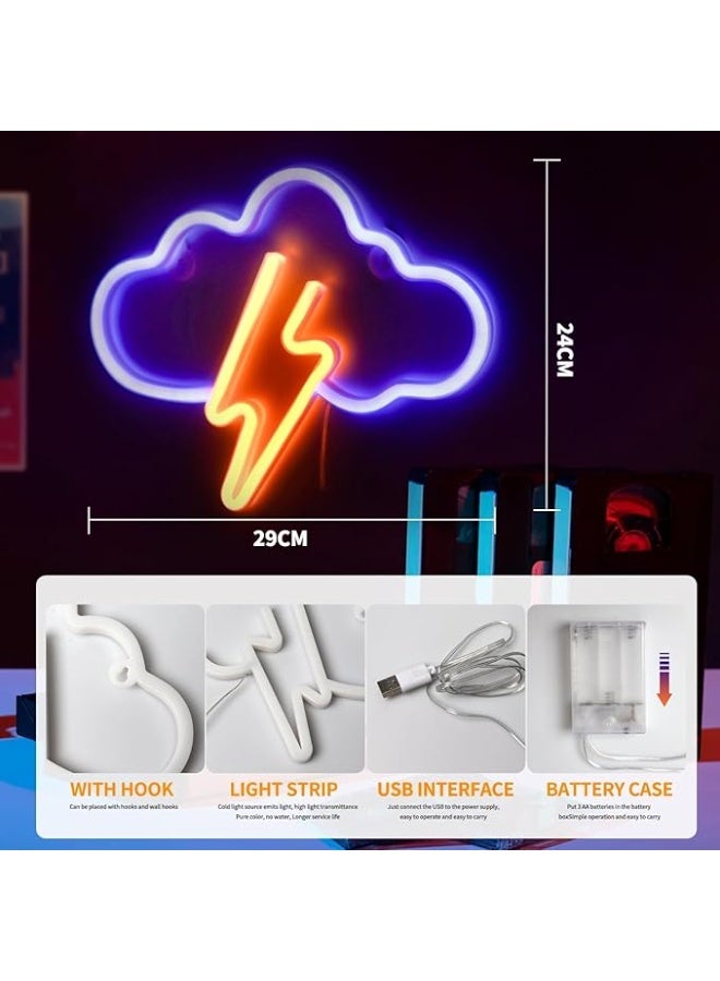 مصباح نيون بشكل سحابة وبرق – إضاءة ليلية بقياس 29×24 سم، يعمل بالبطارية أو USB، ديكور جداري لغرف الألعاب أو الأطفال  - Image 1