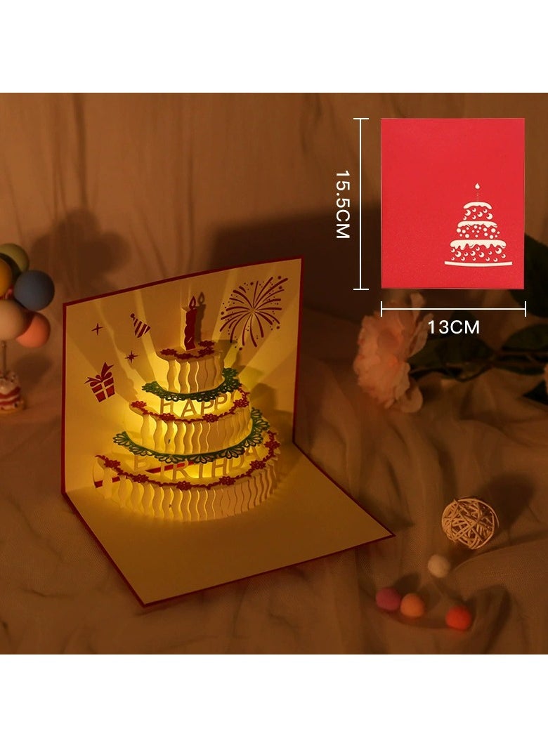Generic Music candle cake 3D greeting card,3D Pop-Up Card with Music and Lighting Design Greeting Card for Birthday, Sturdy and Solid Cardstock Gift Card with Envelope and Thank You Card (Red color)  - Image 2