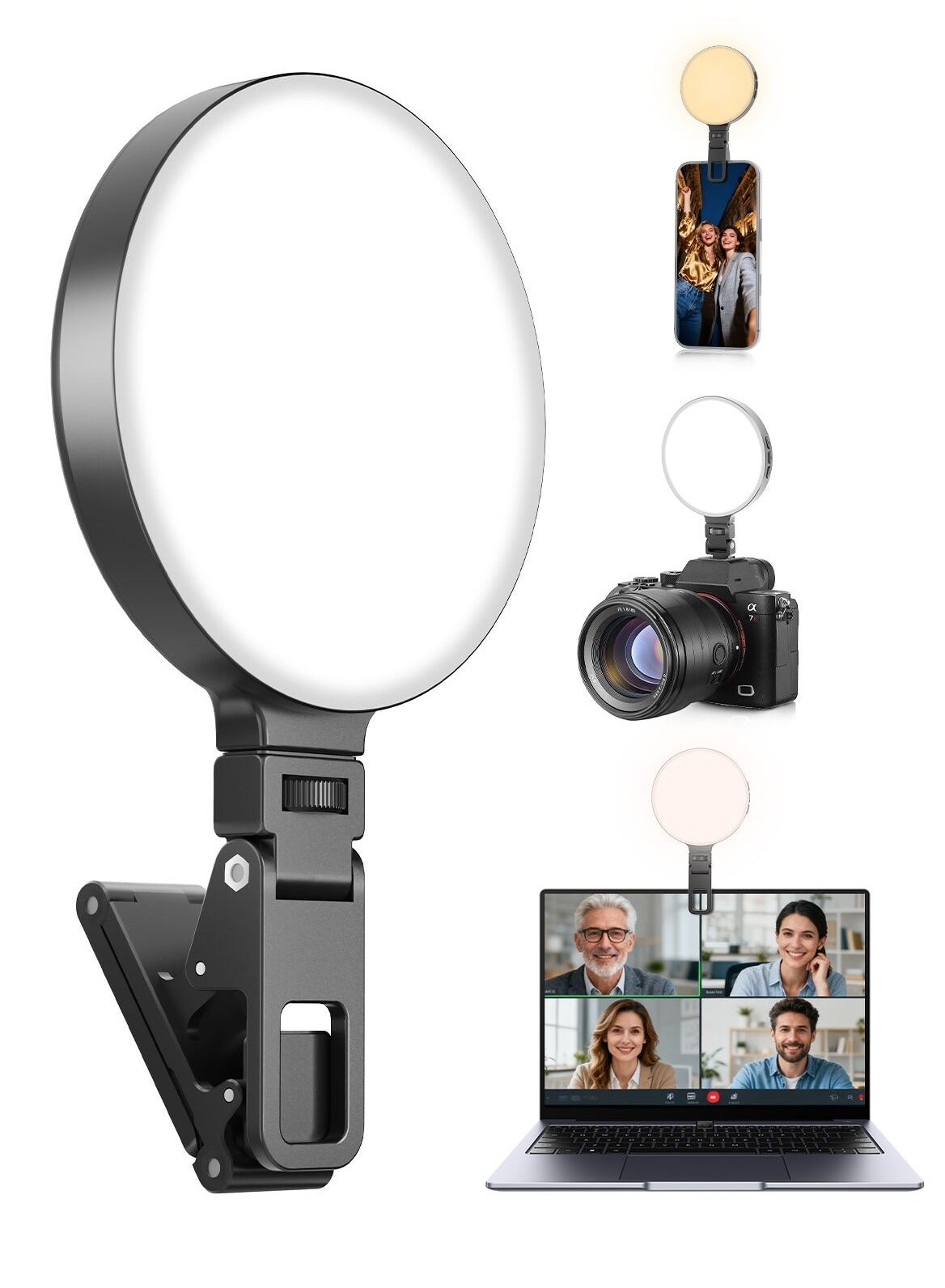 TONEOF Portable Selfie Light Rechargeable Phone Light with Cold Shoe Mount and Clamp Mount, USB-C Charging, 2500-9900K 3 Light Modes, 6 Brightness Levels, Mantis Hock Design, Clip-on Light for Camera/Phone/Tablet/Laptop
