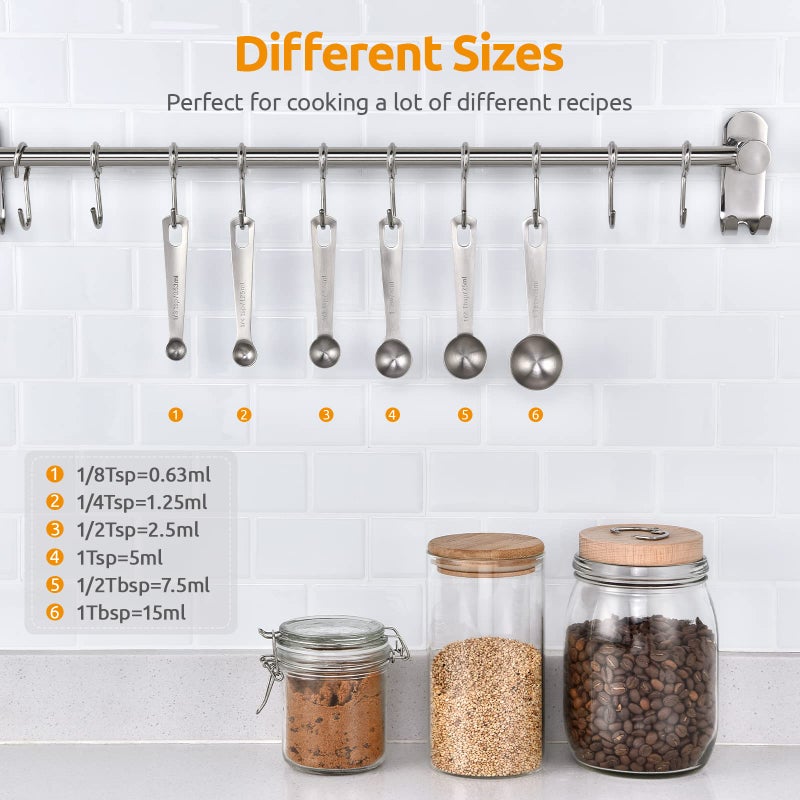 U-Taste Measuring Spoons: U-Taste 18/8 Stainless Steel Measuring Spoons Set of 6 Piece: 1/8 tsp, 1/4 tsp, 1/2 tsp, 1 tsp, 1/2 tbsp & 1 tbsp Dry and Liquid Ingredients - Image 2