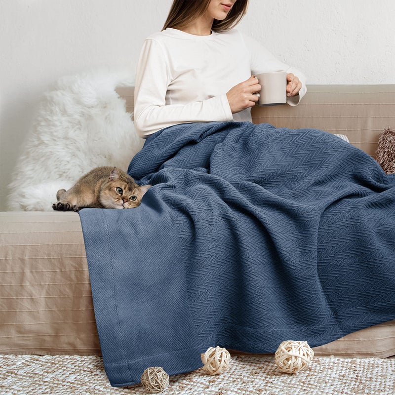THREAD SPREAD Organic GOTS Cotton Blanket FullQueen 350 GSM Antistatic Fuzzy Soft Lightweight Sofa Camping Travel Perfect Herringbone All Seasons Throw Medium Blue with Free Tote Bag
