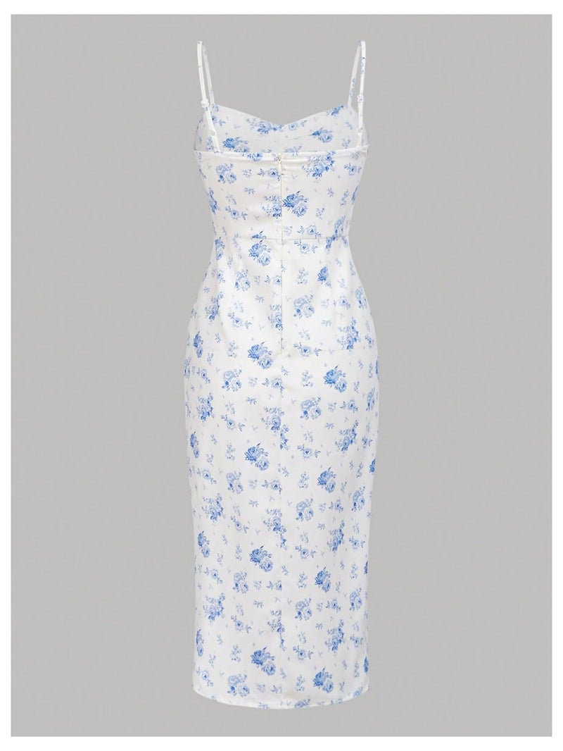 SHENHE Girl's Floral Split Thigh Ruched Spaghetti Strap Summer Cute Long Cami Dress Blue 8-9Y - Image 2