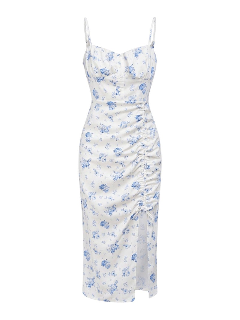 SHENHE Girl's Floral Split Thigh Ruched Spaghetti Strap Summer Cute Long Cami Dress Blue 8-9Y - Image 1