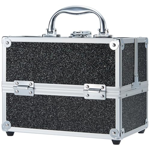 FRENESSA Makeup Train Case Portable Makeup Case Organizer Cosmetic Box Make Up Box Makeup Organizer Cosmetic Storage Cases with Locking Nail Kit Organizer Travel Case Black