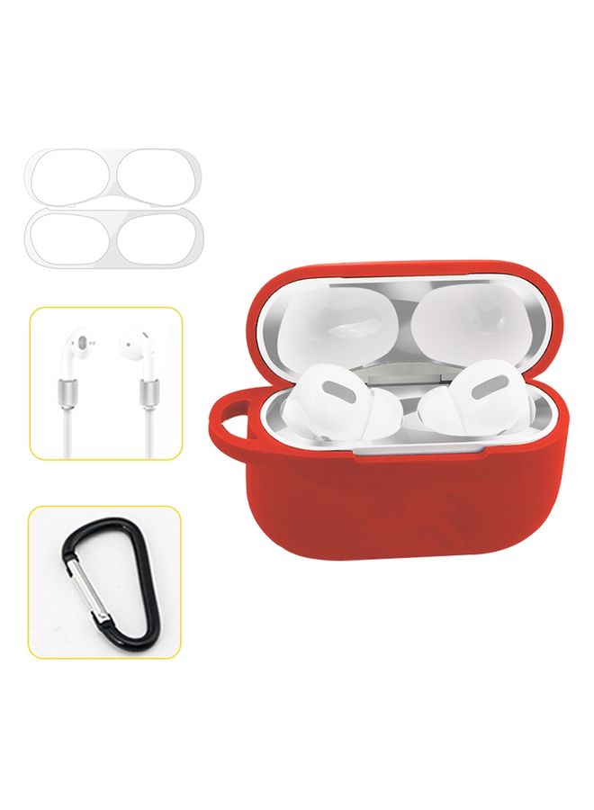 Case Cover For AirPods Pro Silicone Wireless Earphone Protective Case Storage Box with Hook & Anti-drop Rope Red+Silver Inner Sticker