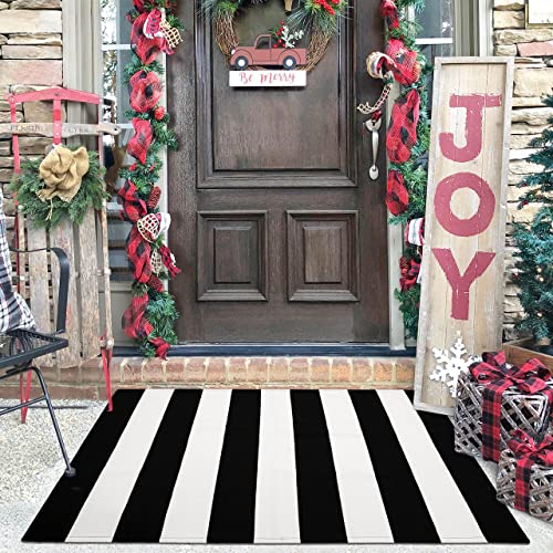 KILOCOCO Black and White Striped Rug 2.3'x3.6' Indoor Outdoor Rugs Front Door Mat Hand Woven Cotton Washable Striped Layered Doormats for Front Porch/Kitchen/Farmhouse/Entryway/Patio - Image 1