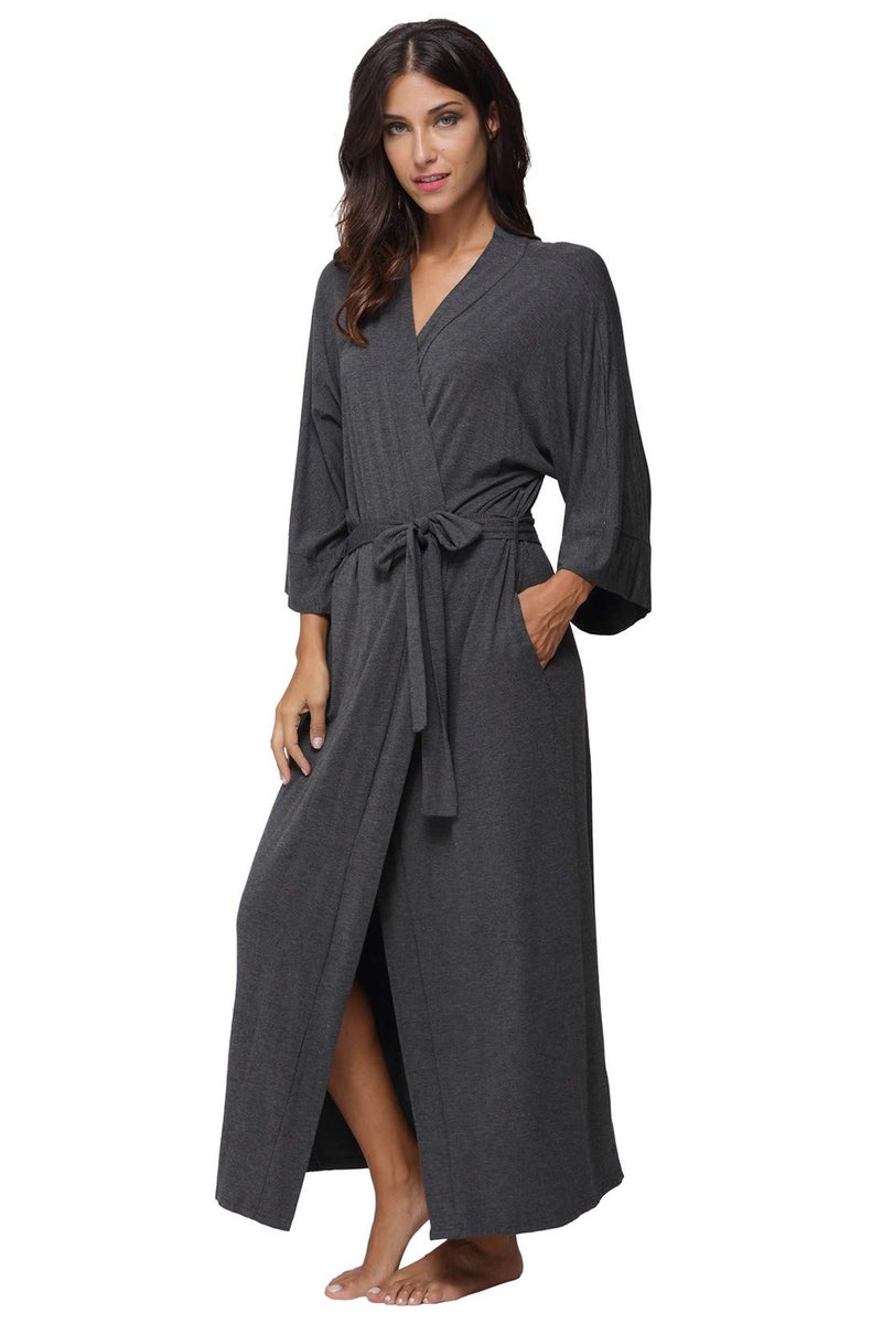 MissNina Women's Long Kimono Robes - Maternity Full Length Soft Dressing Gown Sleepwear, Dark Grey - Image 3