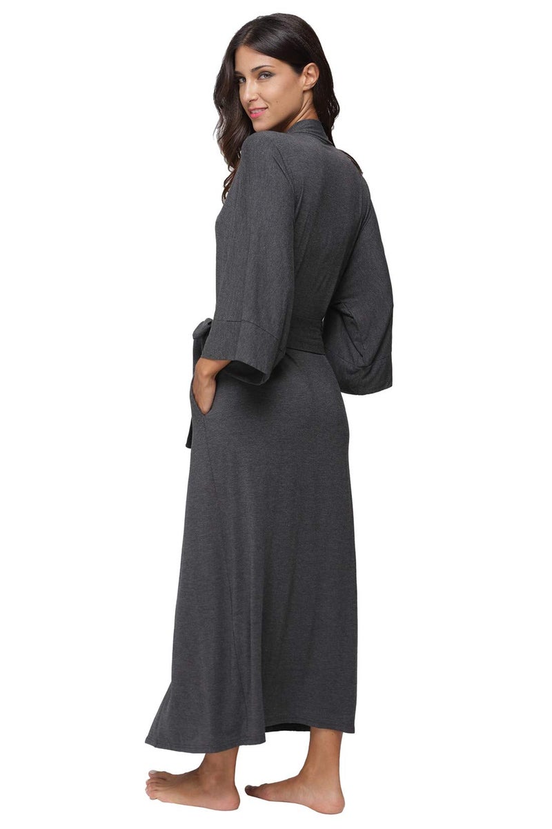 MissNina Women's Long Kimono Robes - Maternity Full Length Soft Dressing Gown Sleepwear, Dark Grey - Image 4