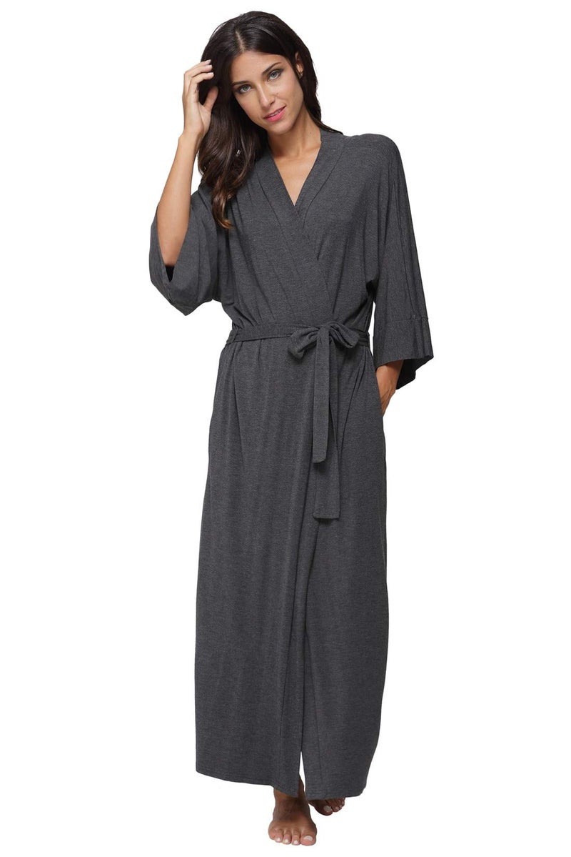 MissNina Women's Long Kimono Robes - Maternity Full Length Soft Dressing Gown Sleepwear, Dark Grey - Image 2