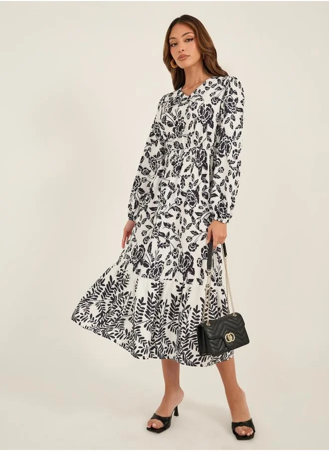 كي أل Floral Print V-Neck Midi Dress with Ruffled Hem by Styli