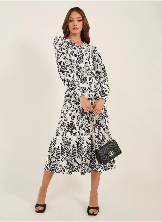 كي أل Floral Print V-Neck Midi Dress with Ruffled Hem by Styli