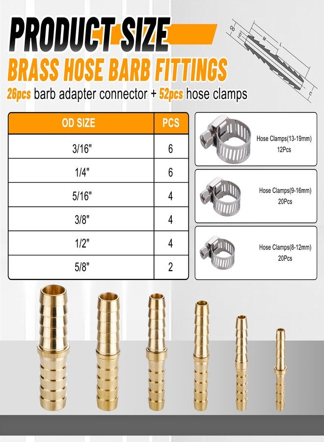 Ailbiuko 26PCS Brass Hose Barb Fitting,Barb Splicer Mender Hose Fittings 3/16" 1/4" 5/16" 3/8" 1/2" 5/8" with 52Pcs Stainless Steel Pipe Hose Clamps for Air/Fuel/Water/Oil Hose - Image 2