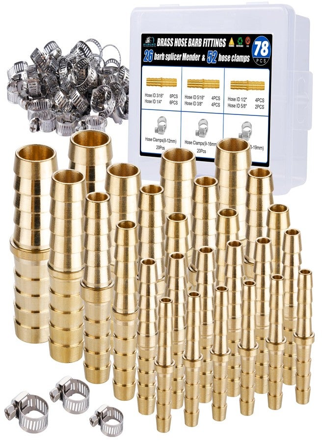Ailbiuko 26PCS Brass Hose Barb Fitting,Barb Splicer Mender Hose Fittings 3/16" 1/4" 5/16" 3/8" 1/2" 5/8" with 52Pcs Stainless Steel Pipe Hose Clamps for Air/Fuel/Water/Oil Hose - Image 1