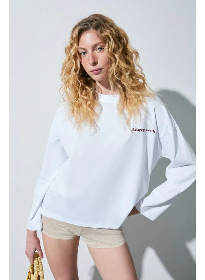 GRIMELANGE VIRENA Women's 100% Cotton Printed and Embroidered Detailed Long Sleeve White T-Shirt.