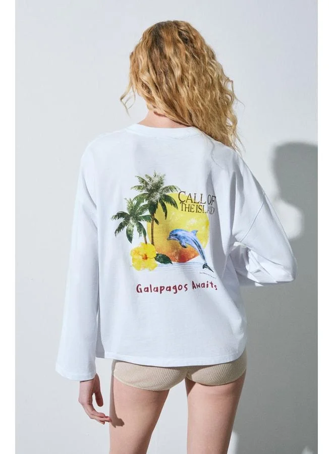 GRIMELANGE VIRENA Women's 100% Cotton Printed and Embroidered Detailed Long Sleeve White T-Shirt.