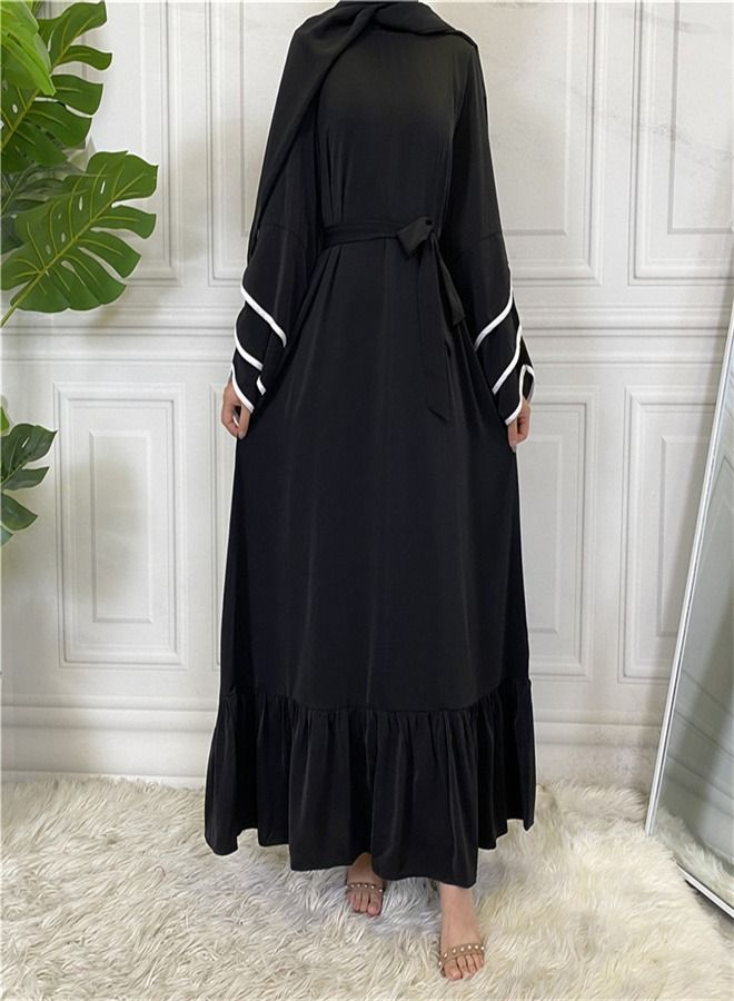 Loquat Pleated Loose Hem Muslim Fashion Dress Abaya Black  - Image 1