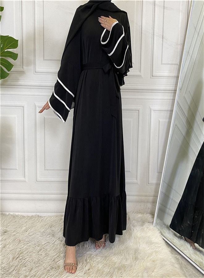 Loquat Pleated Loose Hem Muslim Fashion Dress Abaya Black  - Image 3