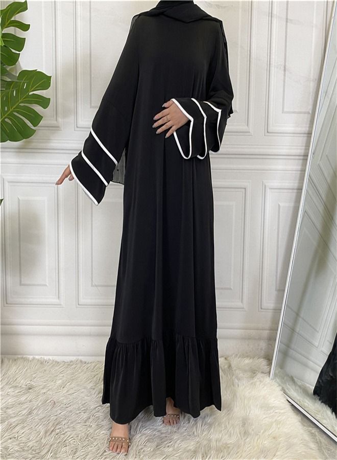 Loquat Pleated Loose Hem Muslim Fashion Dress Abaya Black  - Image 2