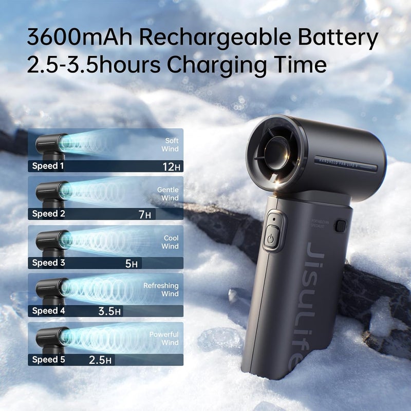JISULIFE Portable Handheld Fan Life9, Turbo Power High Speed Air [12H Max Cooling Time], 5 Gear Wind, 3600mAh Rechargeable, Mini Pocket Design, Personal Fan for Travel Concerts Cruise Makeup - Black - Image 4