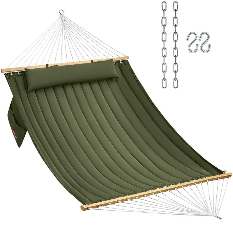 CHULIM Double Quilted Fabric Hammock with Hardwood Spreader Bars and Pillow 450 LBS Capacity 2 Person Large Hammock for Outdoor Patio Backyard Poolside - Green - Image 1