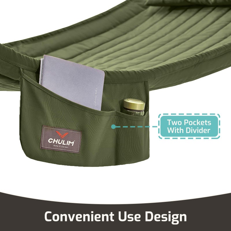 CHULIM Double Quilted Fabric Hammock with Hardwood Spreader Bars and Pillow 450 LBS Capacity 2 Person Large Hammock for Outdoor Patio Backyard Poolside - Green - Image 3