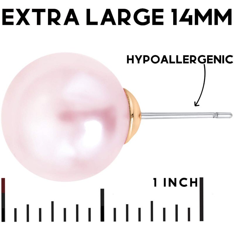 Humble Chic NY Pink Pearl Earrings for Women - Light Pink Earrings for Women, Chunky Cute 14mm Round Faux Pearls Studs, Oversized Hypoallergenic Fake Statement Fashion Jewelry for Brides or Bridesmaids - Image 3