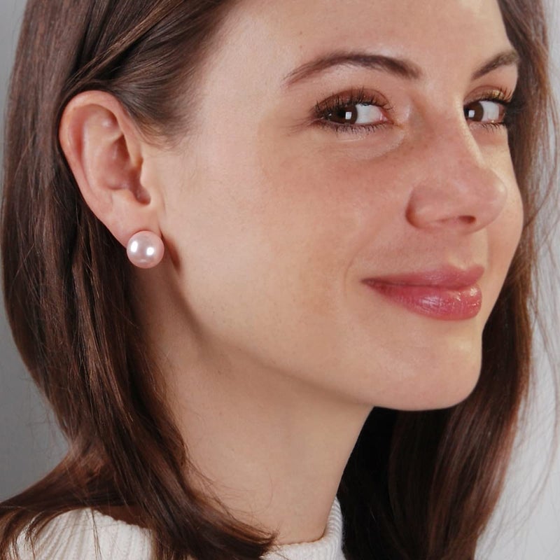 Humble Chic NY Pink Pearl Earrings for Women - Light Pink Earrings for Women, Chunky Cute 14mm Round Faux Pearls Studs, Oversized Hypoallergenic Fake Statement Fashion Jewelry for Brides or Bridesmaids - Image 2