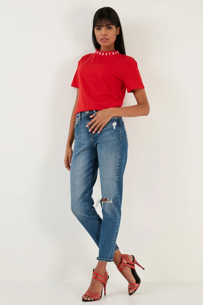 Lela Collar Printed Crew Neck Basic Knitted T Shirt Women's T Shirt 5864054