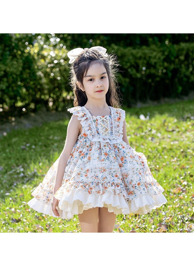 Loquat Girl's Vest floral embroidery Lolita Fluffy Sleeveless Dress White/Pink  - Image 1