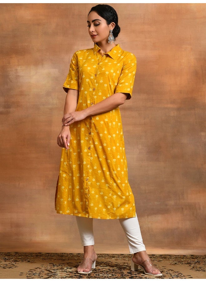 AKS Mustard Yellow Printed Button Down A-Line Kurta  - Image 1