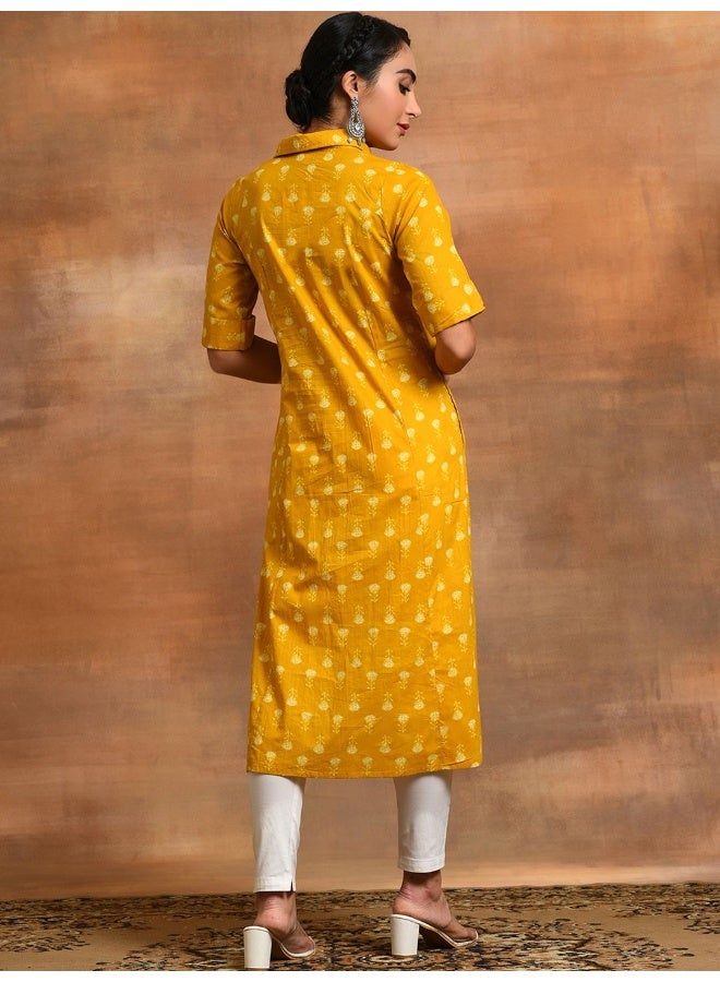 AKS Mustard Yellow Printed Button Down A-Line Kurta  - Image 4
