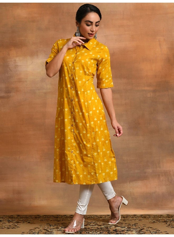 AKS Mustard Yellow Printed Button Down A-Line Kurta  - Image 5