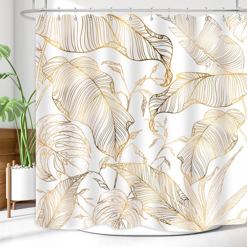 ZXMBF White Gold Tropical Palm Leaves Shower Curtain Abstract Banana Leaf Copper Chic Modern Botanical Plant Nature Aesthetic Bathroom Decor Waterproof Fabric 72Lx72W Inch with 12PCS Hooks - Image 4