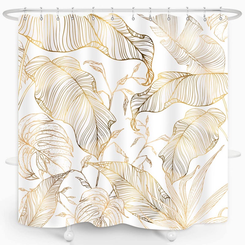 ZXMBF White Gold Tropical Palm Leaves Shower Curtain Abstract Banana Leaf Copper Chic Modern Botanical Plant Nature Aesthetic Bathroom Decor Waterproof Fabric 72Lx72W Inch with 12PCS Hooks - Image 3