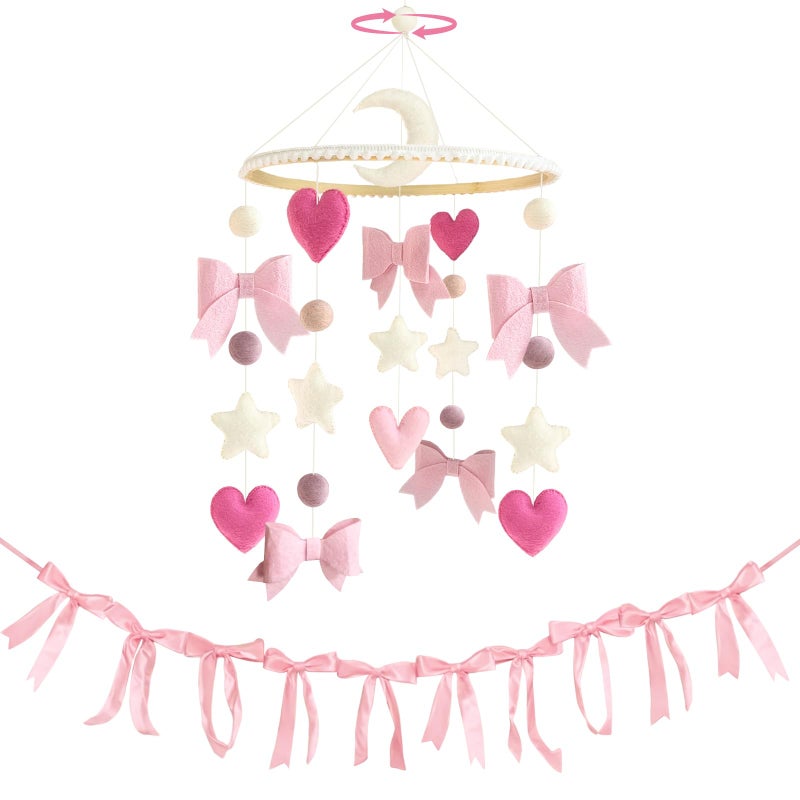 Teeloray Pink Bow Baby Crib Mobile with Pink Ribbon Bow Garland Banner Handmade Coquette Birthday Party Decorations Bow Nursery Decor Girls Bedroom Hanging Mobile for Baby Shower Newborn Gifts - Image 2
