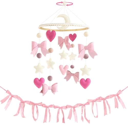 Teeloray Pink Bow Baby Crib Mobile with Pink Ribbon Bow Garland Banner Handmade Coquette Birthday Party Decorations Bow Nursery Decor Girls Bedroom Hanging Mobile for Baby Shower Newborn Gifts - Image 1