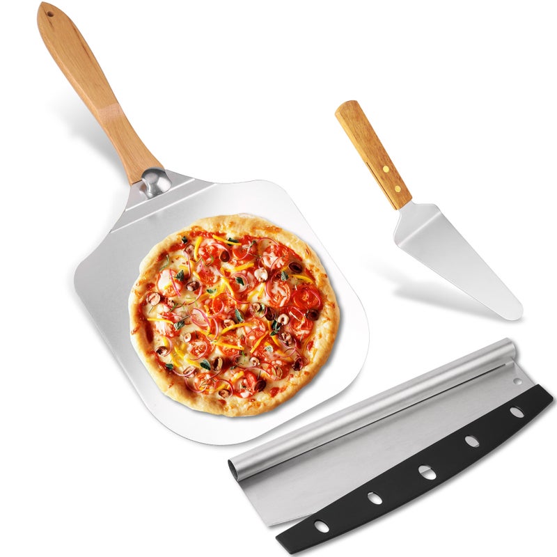 Folding Aluminum Pizza Shovel 12 Inch Wooden Handle Transfer Pizza Shovel Pizza Cutter Tool Combination Set Baking Pizza Shovel(88*30.5cm aluminum shovel Bubble Bag) - Image 1